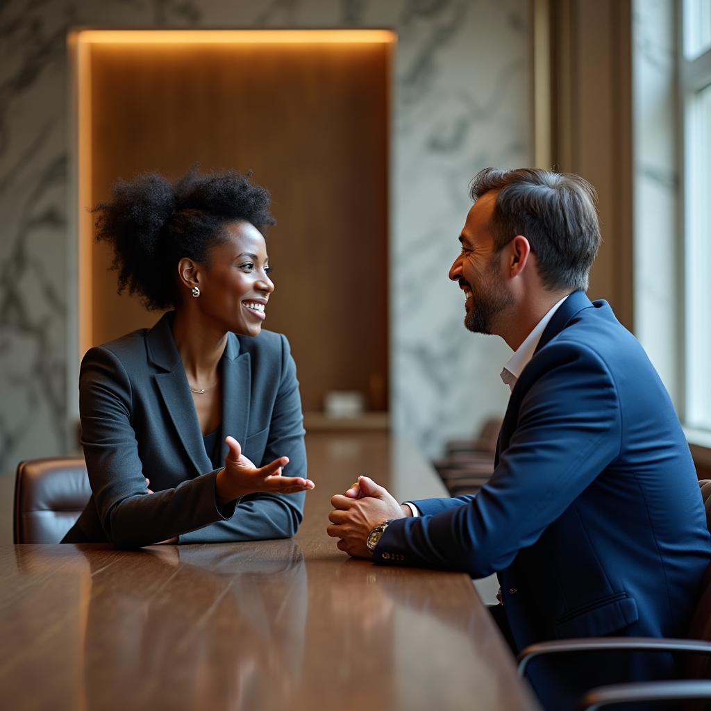 Two business professionals engaged in a warm introduction meeting across a polished conference table