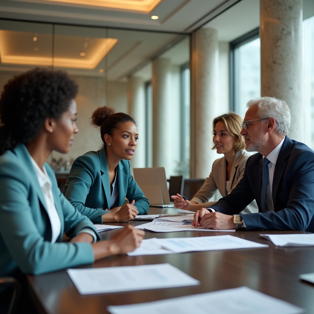 Diverse team of experienced service business operators collaborating around a large conference table in a premium office
