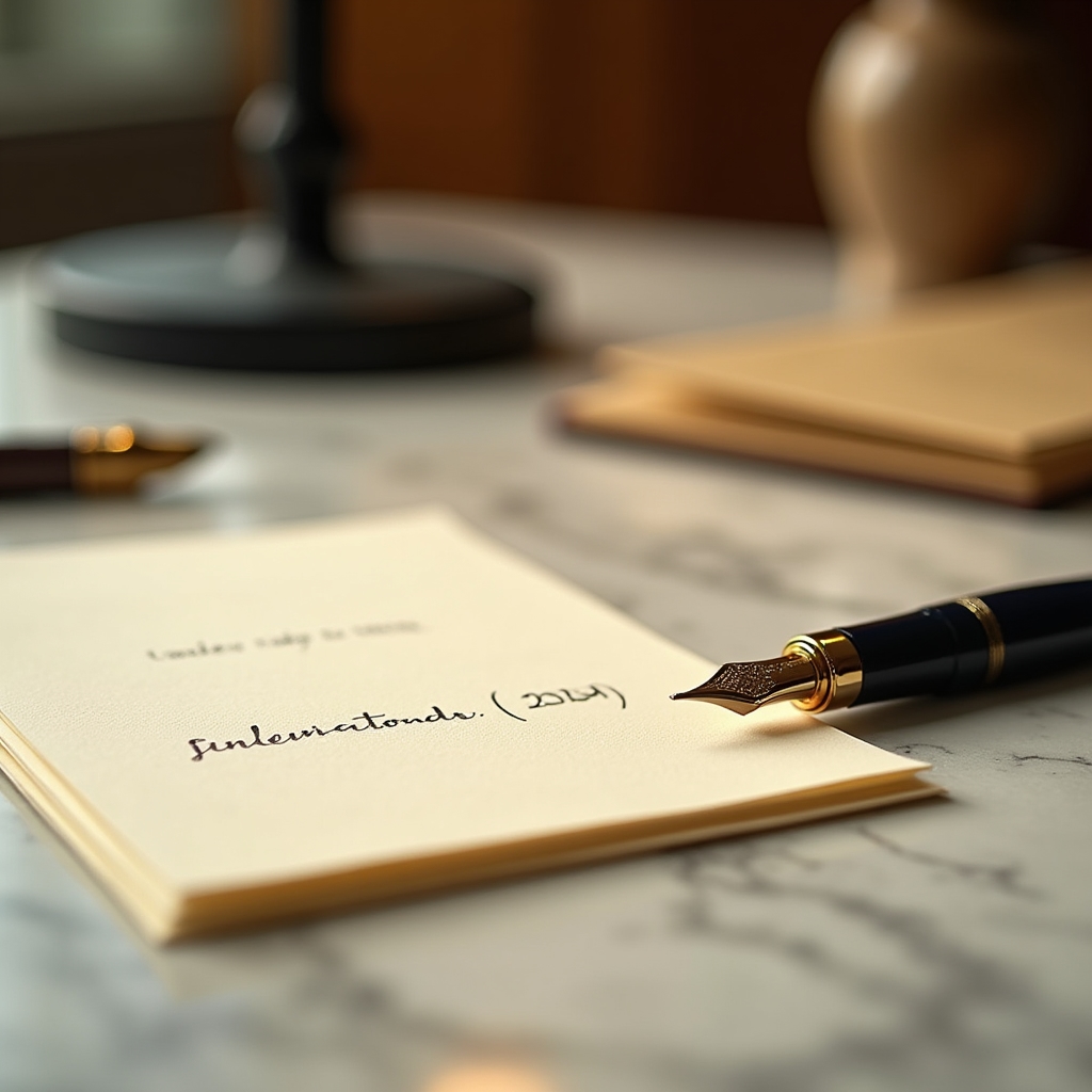 Close-up of handwritten thank-you notes and organized follow-up system on a marble desktop
